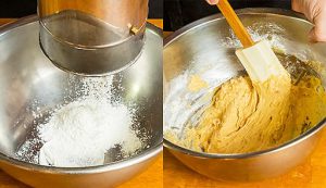調理工程04_小麦粉・ベーキングパウダー・塩をふるいにかけ、先ほどのボウルに少しずつ入れて混ぜる