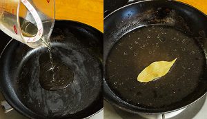 調理工程03_フライパンに酢を入れて熱し、月桂樹の葉・トマトピューレを加える