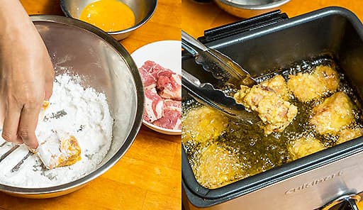 調理工程02_天ぷら鍋やフライヤーで豚肉を揚げる